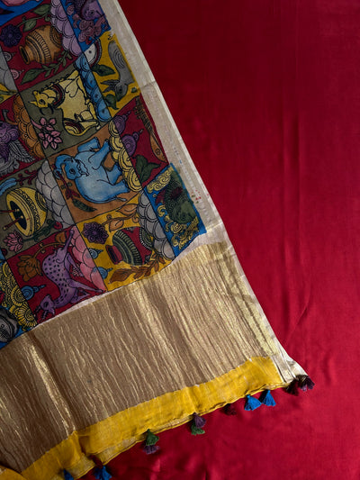 KALAKRITI : HAND DRAWN HAND PAINTED PEN KALAMKARI CHANDERI SILK  TISSUE DUPATTA WITH DYED MODAL SILK  SUIT SET