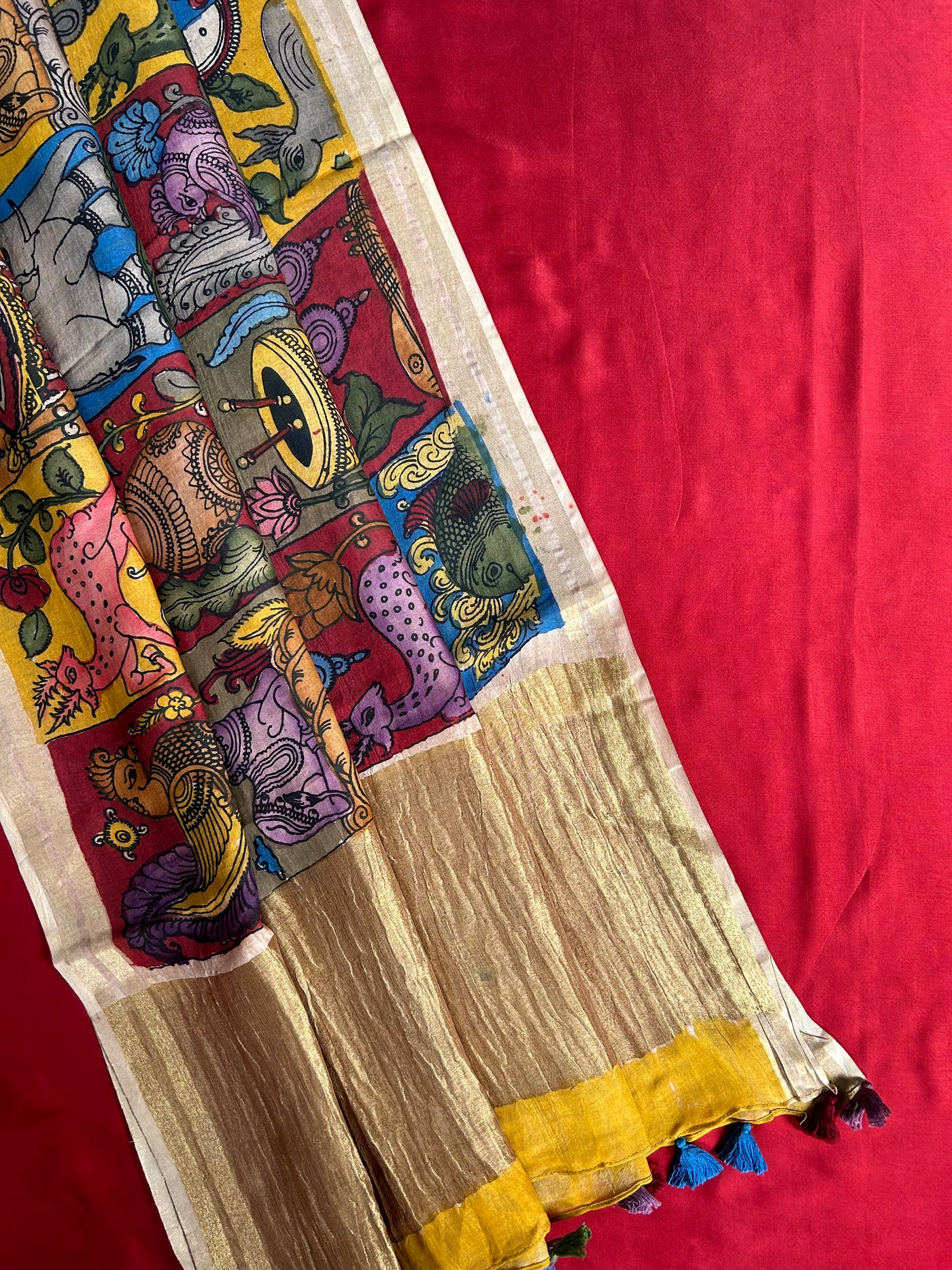 KALAKRITI : HAND DRAWN HAND PAINTED PEN KALAMKARI CHANDERI SILK  TISSUE DUPATTA WITH DYED MODAL SILK  SUIT SET