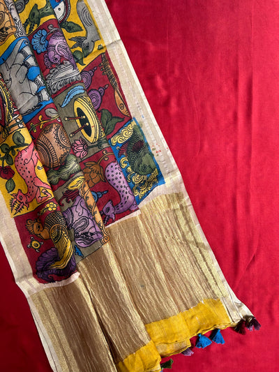 KALAKRITI : HAND DRAWN HAND PAINTED PEN KALAMKARI CHANDERI SILK  TISSUE DUPATTA WITH DYED MODAL SILK  SUIT SET