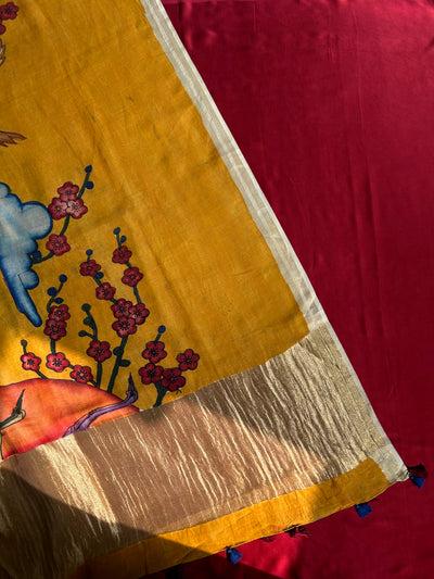 HANSHO KA JODA : HAND DRAWN HAND PAINTED PEN KALAMKARI CHANDERI SILK  TISSUE DUPATTA WITH DYED MODAL SILK  SUIT SET