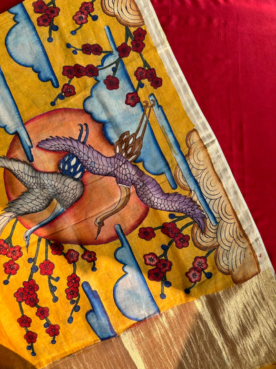HANSHO KA JODA : HAND DRAWN HAND PAINTED PEN KALAMKARI CHANDERI SILK  TISSUE DUPATTA WITH DYED MODAL SILK  SUIT SET