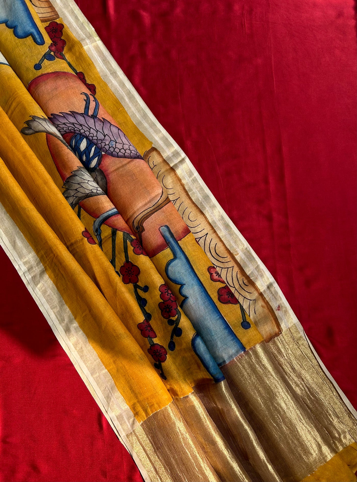 HANSHO KA JODA : HAND DRAWN HAND PAINTED PEN KALAMKARI CHANDERI SILK  TISSUE DUPATTA WITH DYED MODAL SILK  SUIT SET