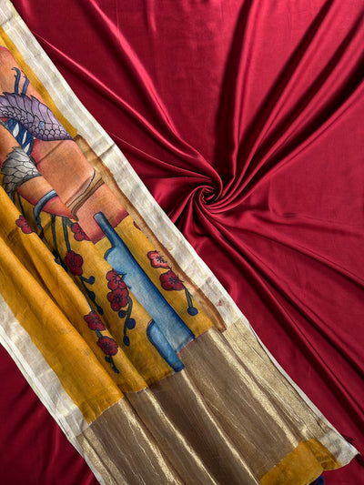 HANSHO KA JODA : HAND DRAWN HAND PAINTED PEN KALAMKARI CHANDERI SILK  TISSUE DUPATTA WITH DYED MODAL SILK  SUIT SET
