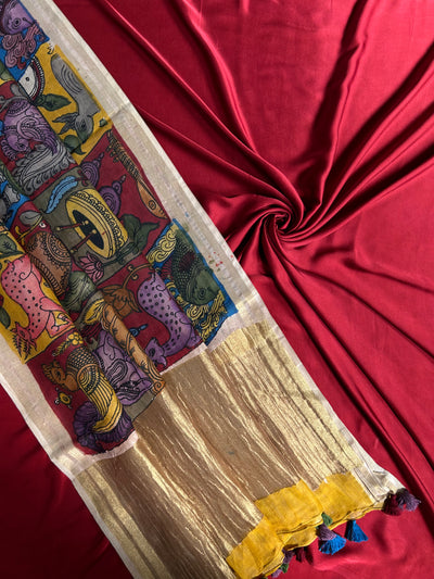 KALAKRITI : HAND DRAWN HAND PAINTED PEN KALAMKARI CHANDERI SILK  TISSUE DUPATTA WITH DYED MODAL SILK  SUIT SET
