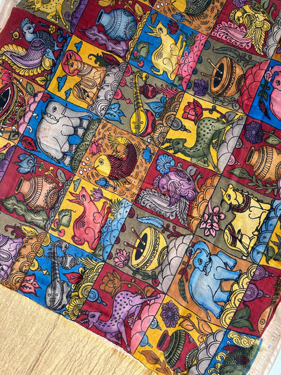 KALAKRITI : HAND DRAWN HAND PAINTED PEN KALAMKARI CHANDERI SILK  TISSUE DUPATTA WITH DYED MODAL SILK  SUIT SET