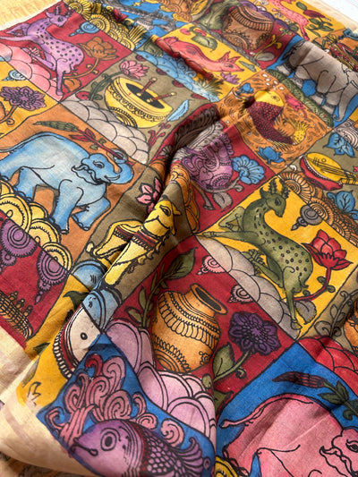 KALAKRITI : HAND DRAWN HAND PAINTED PEN KALAMKARI CHANDERI SILK  TISSUE DUPATTA WITH DYED MODAL SILK  SUIT SET