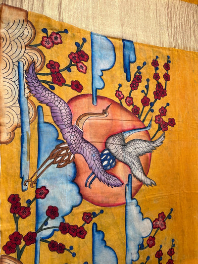 HANSHO KA JODA : HAND DRAWN HAND PAINTED PEN KALAMKARI CHANDERI SILK  TISSUE DUPATTA WITH DYED MODAL SILK  SUIT SET