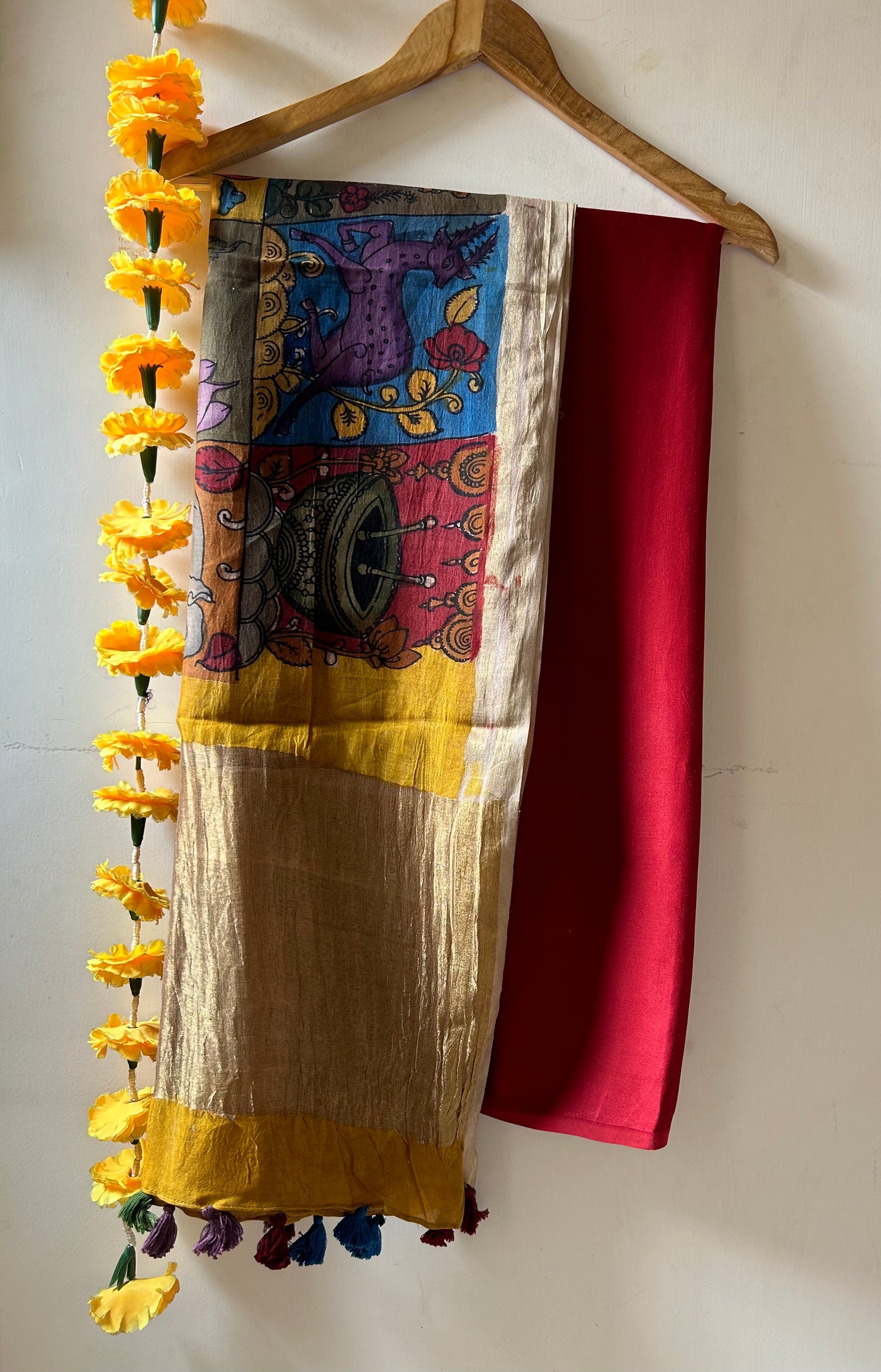 KALAKRITI : HAND DRAWN HAND PAINTED PEN KALAMKARI CHANDERI SILK  TISSUE DUPATTA WITH DYED MODAL SILK  SUIT SET