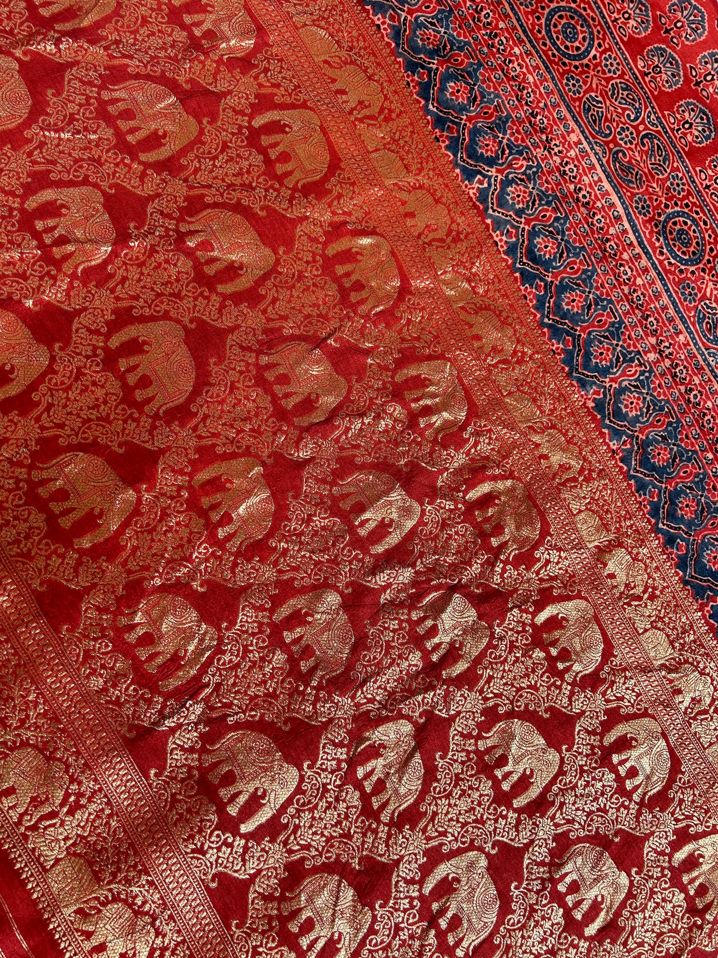 Kundan:Handblock Ajrakh Dola Silk Saree With Meenakari Pallu.