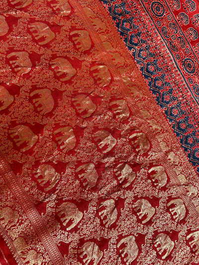 Kundan:Handblock Ajrakh Dola Silk Saree With Meenakari Pallu.
