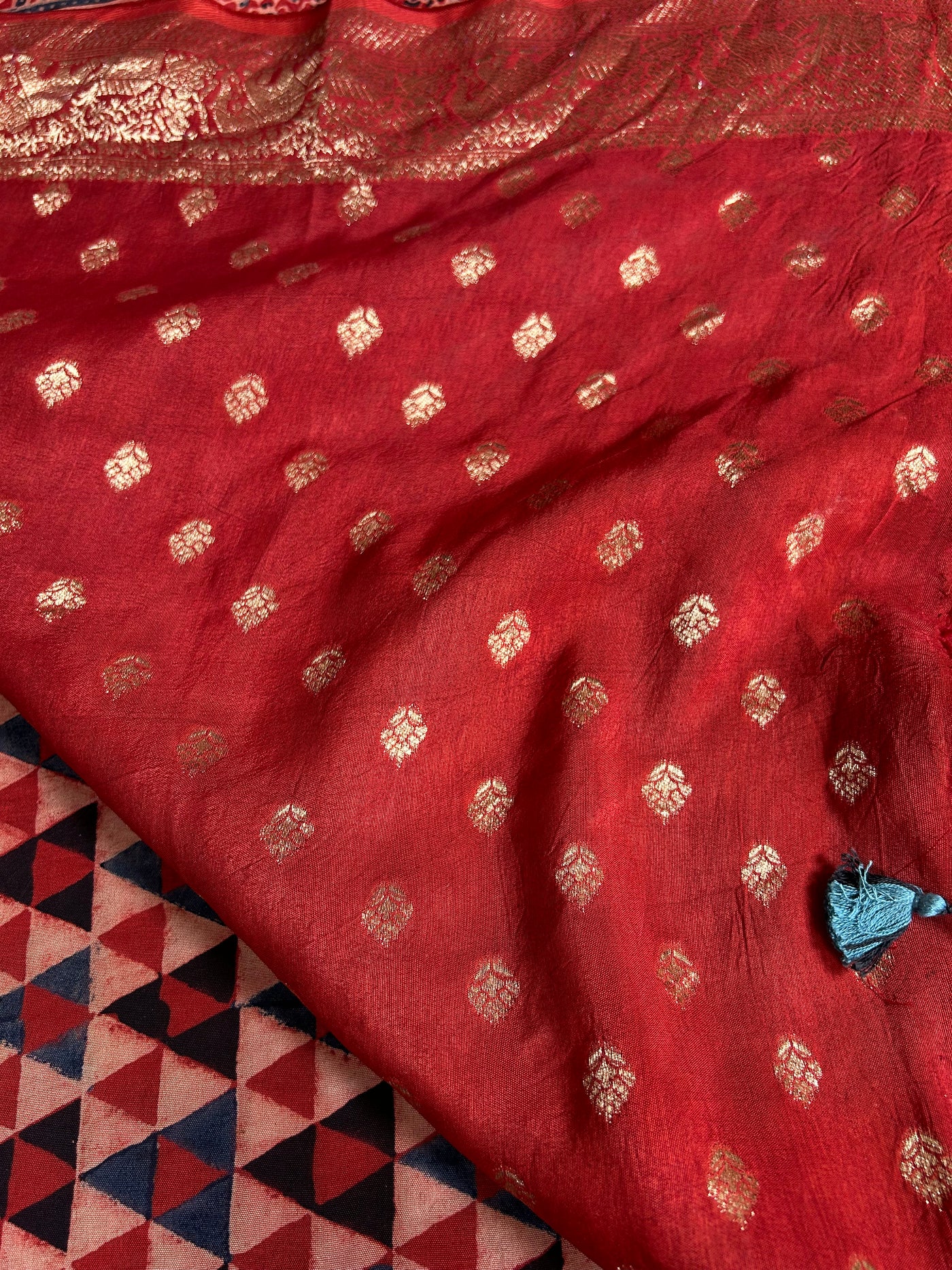 Kundan:Handblock Ajrakh Dola Silk Saree With Meenakari Pallu.