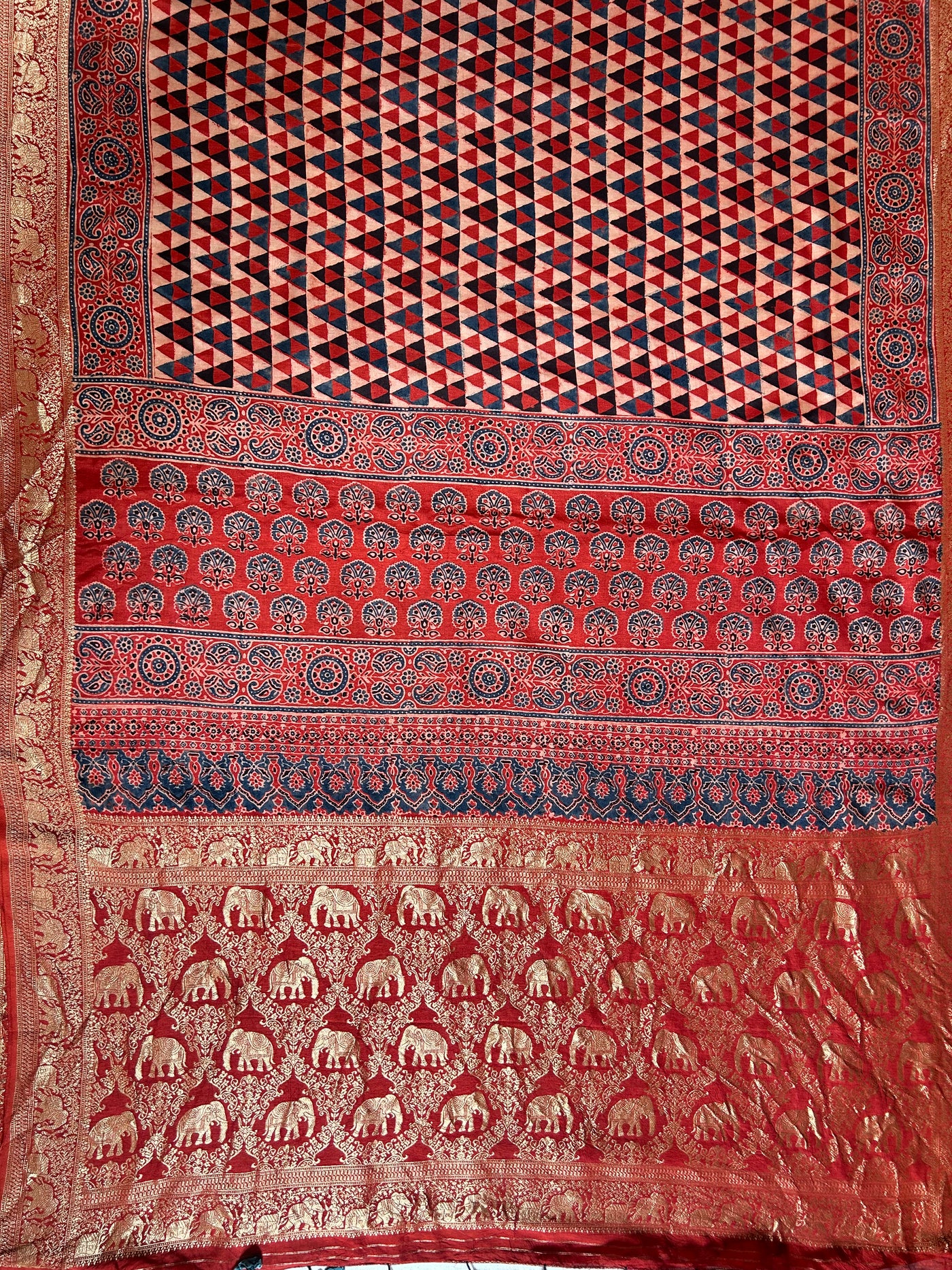 Kundan:Handblock Ajrakh Dola Silk Saree With Meenakari Pallu.