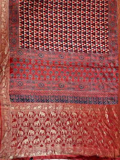 Kundan:Handblock Ajrakh Dola Silk Saree With Meenakari Pallu.