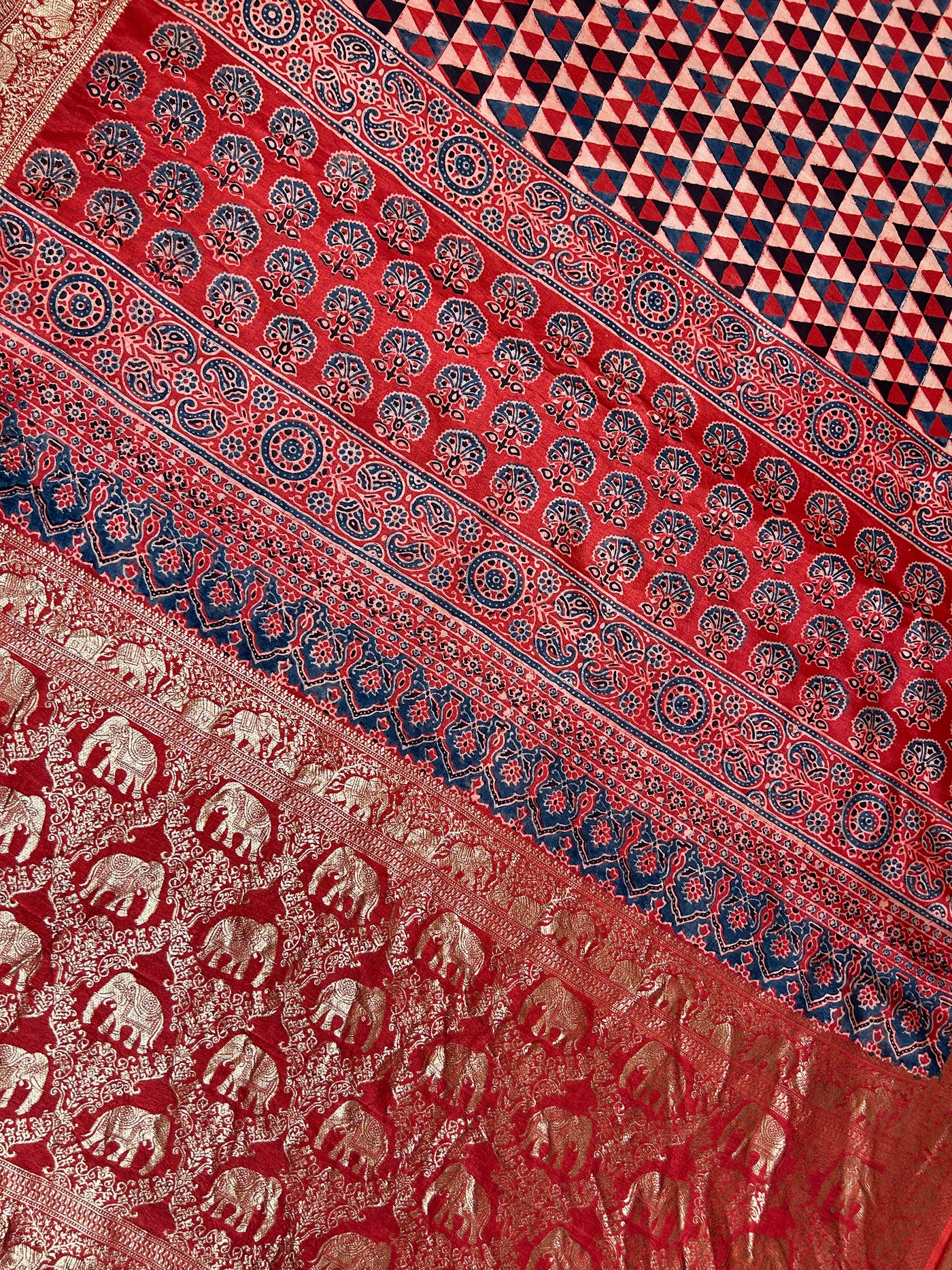 Kundan:Handblock Ajrakh Dola Silk Saree With Meenakari Pallu.