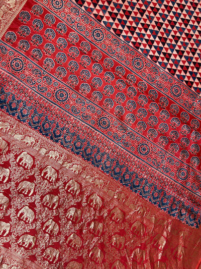 Kundan:Handblock Ajrakh Dola Silk Saree With Meenakari Pallu.