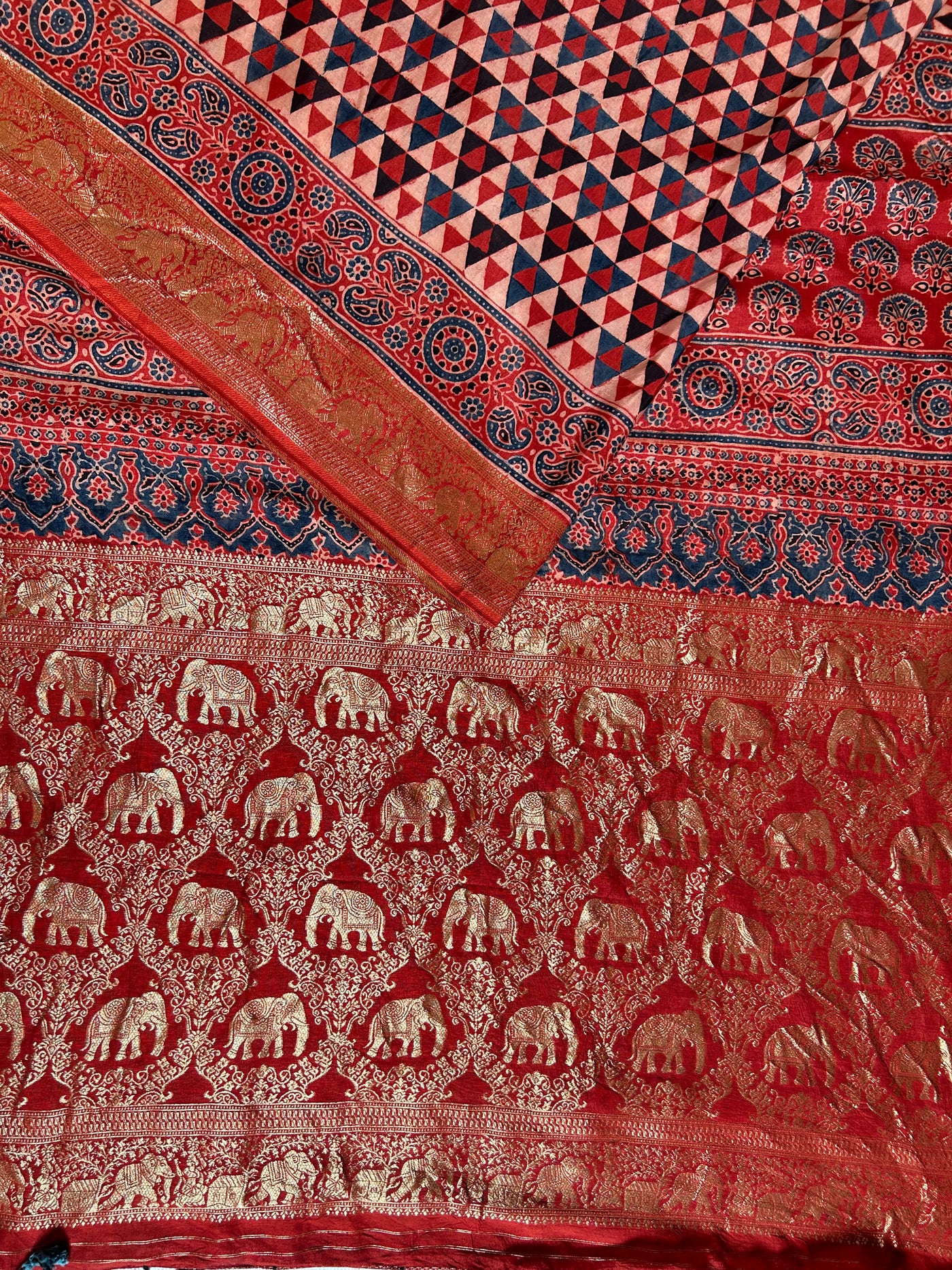 Kundan:Handblock Ajrakh Dola Silk Saree With Meenakari Pallu.
