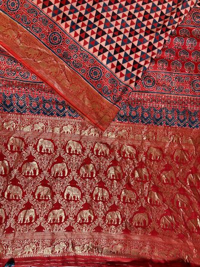 Kundan:Handblock Ajrakh Dola Silk Saree With Meenakari Pallu.