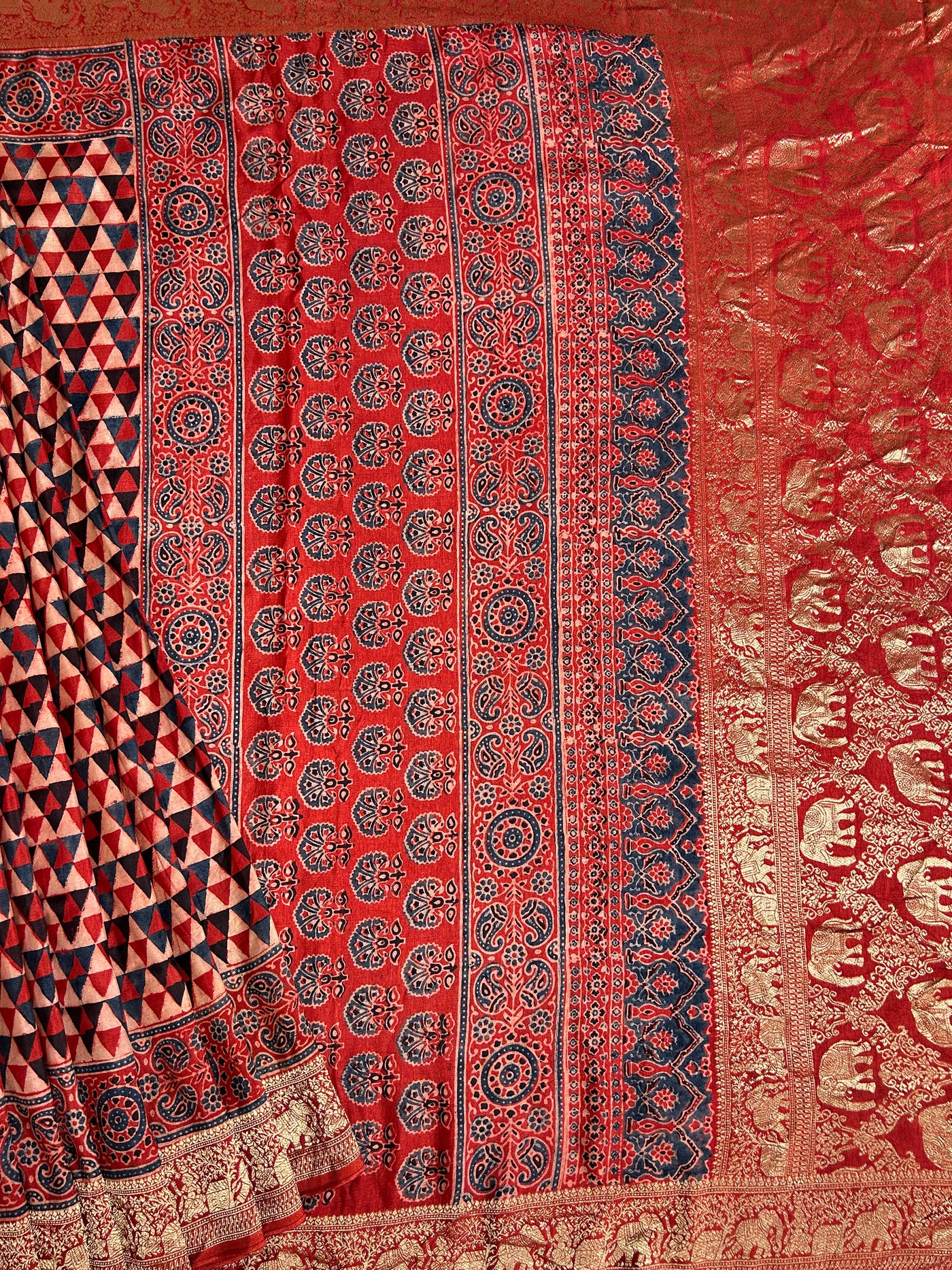 Kundan:Handblock Ajrakh Dola Silk Saree With Meenakari Pallu.