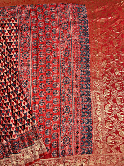 Kundan:Handblock Ajrakh Dola Silk Saree With Meenakari Pallu.