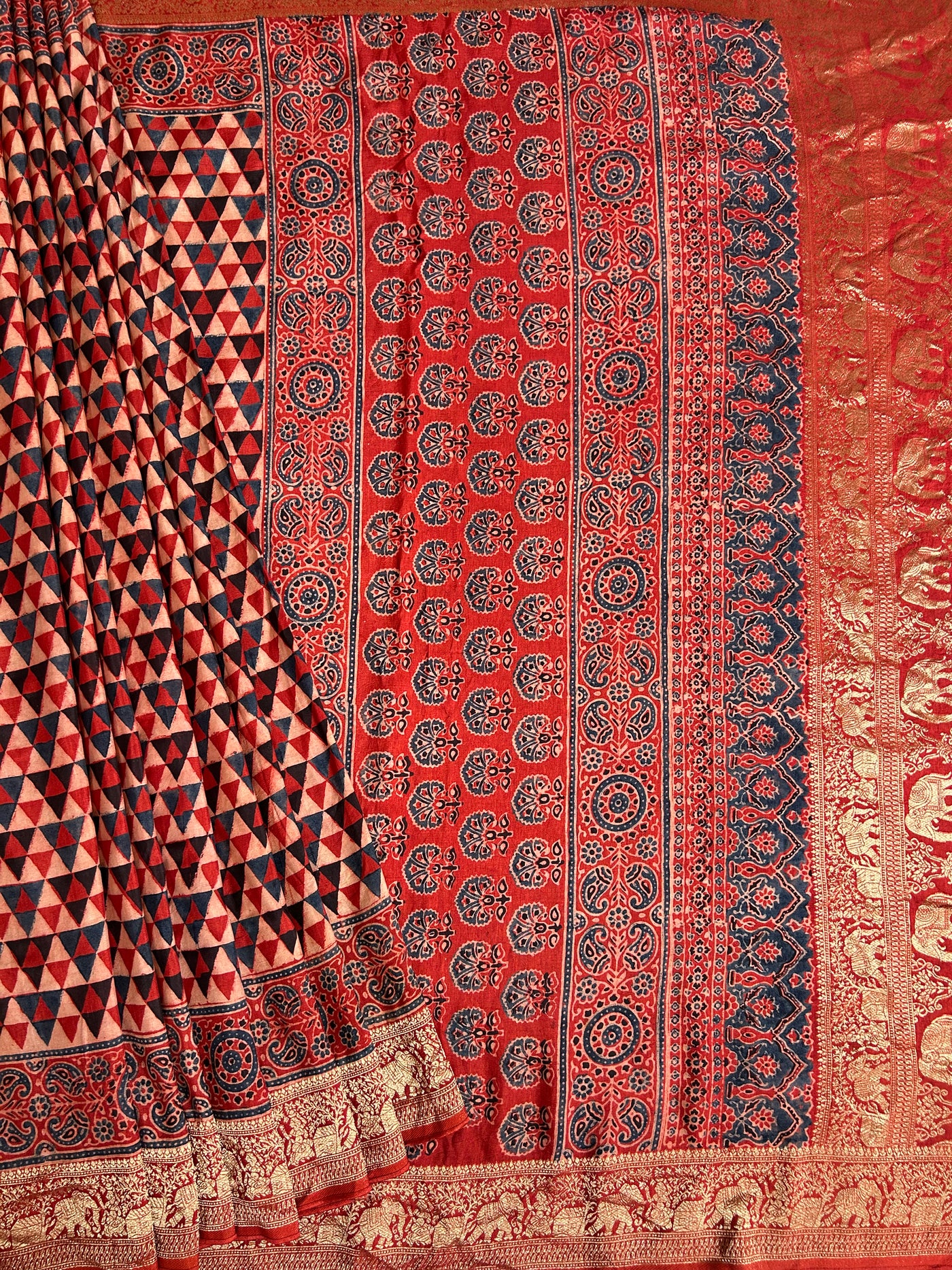 Kundan:Handblock Ajrakh Dola Silk Saree With Meenakari Pallu.