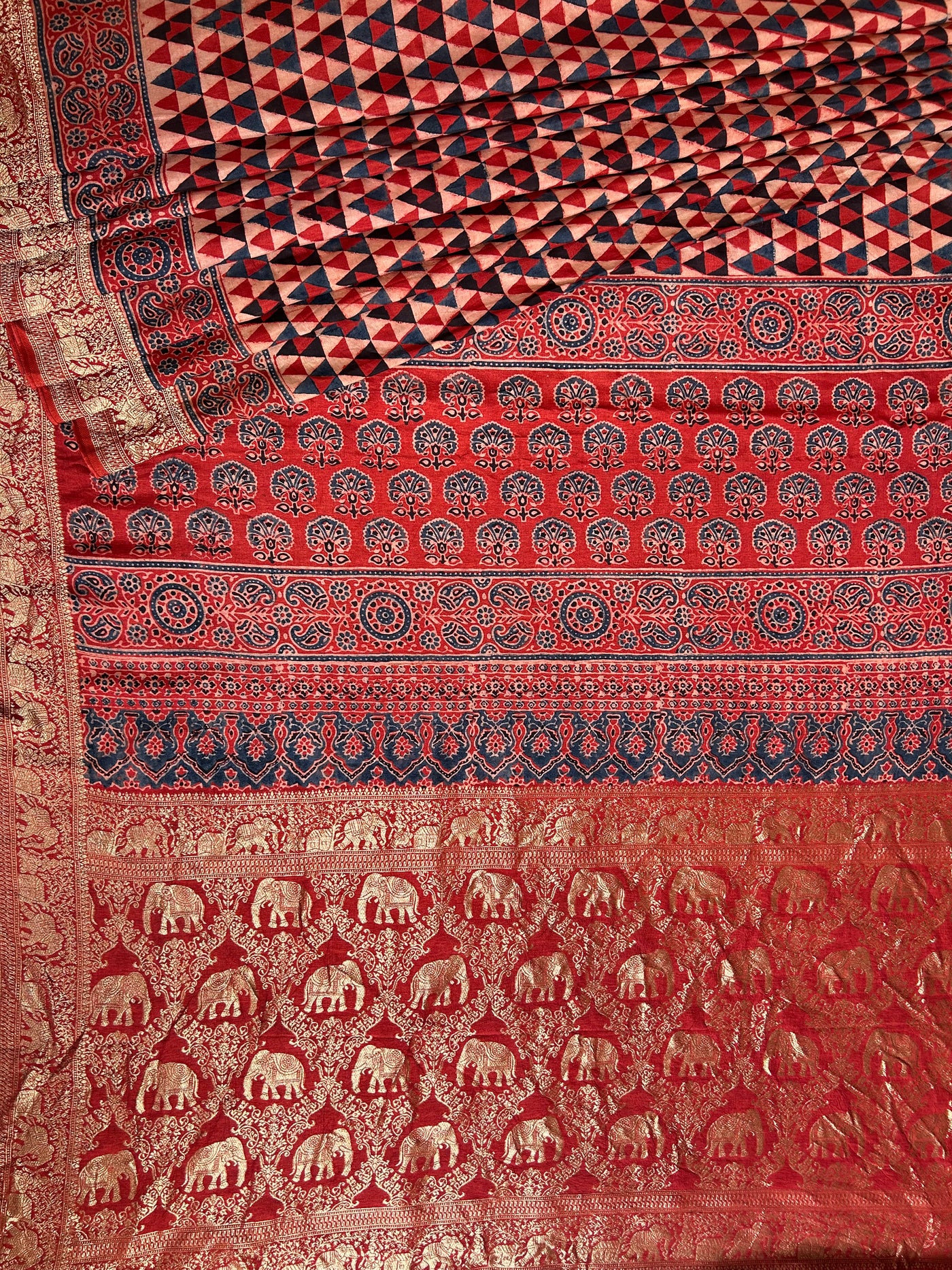 Kundan:Handblock Ajrakh Dola Silk Saree With Meenakari Pallu.