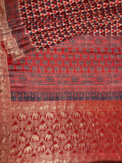 Kundan:Handblock Ajrakh Dola Silk Saree With Meenakari Pallu.