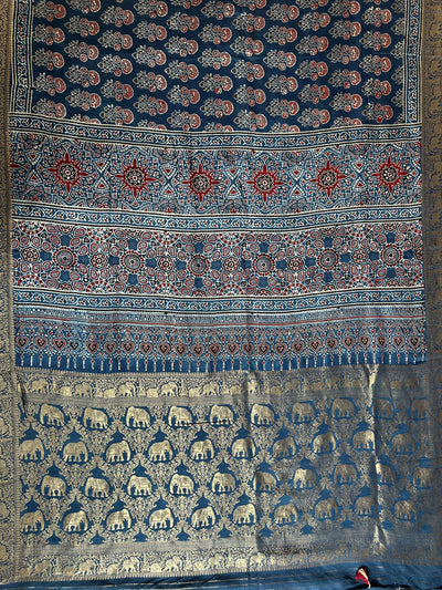 Jodha: HANDBLOCK AJRAKH DOLA SILK SAREE WITH MEENAKARI PALLU