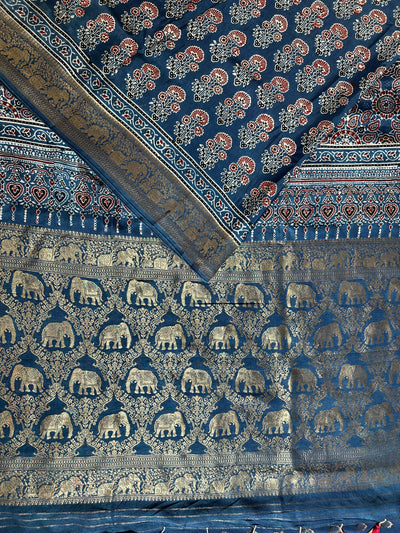 Jodha: HANDBLOCK AJRAKH DOLA SILK SAREE WITH MEENAKARI PALLU