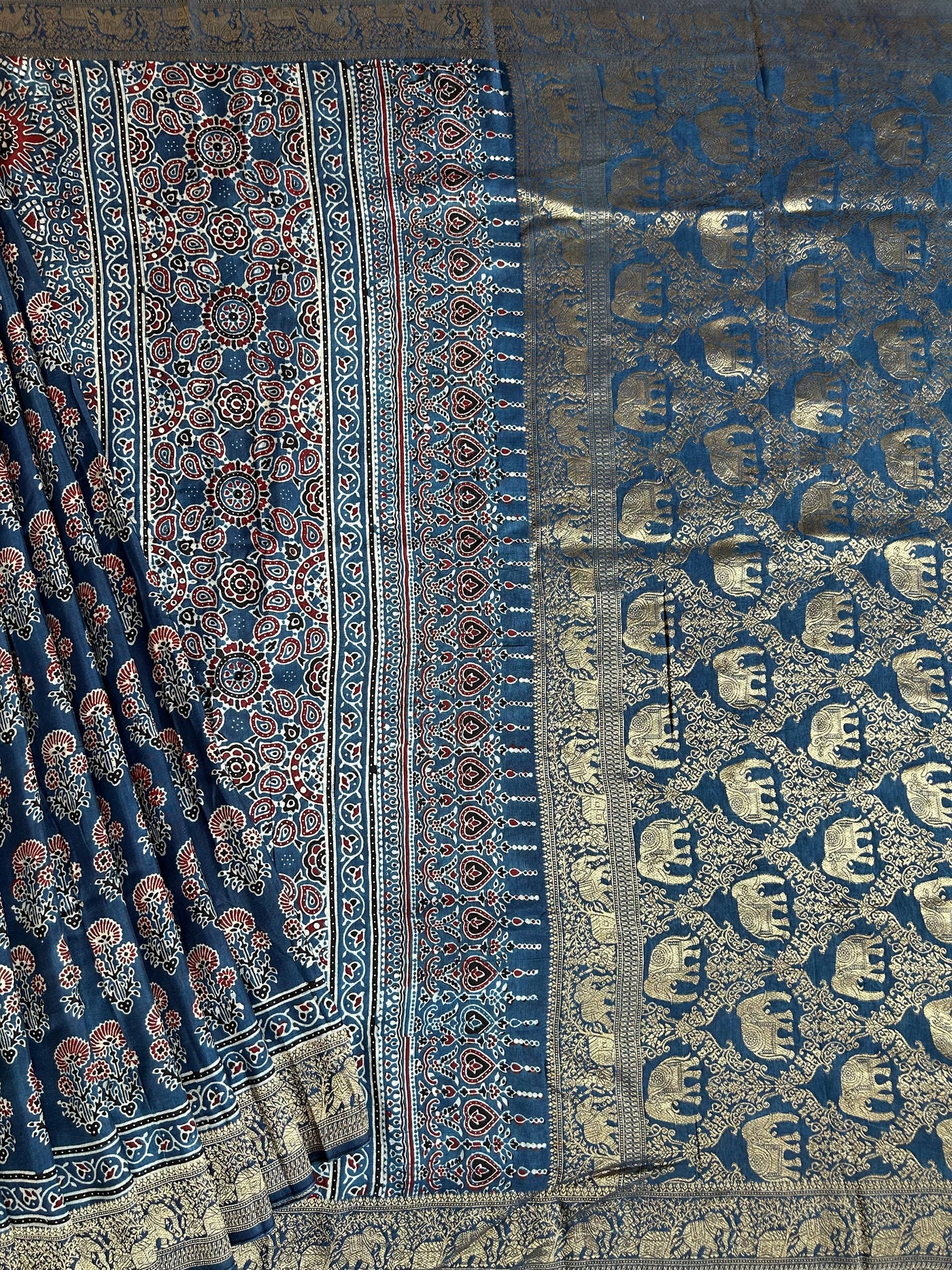 Jodha: HANDBLOCK AJRAKH DOLA SILK SAREE WITH MEENAKARI PALLU