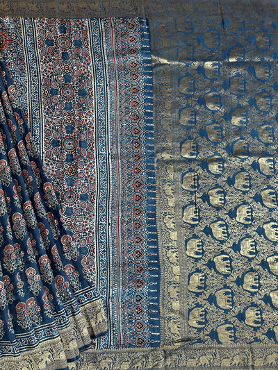 Jodha: HANDBLOCK AJRAKH DOLA SILK SAREE WITH MEENAKARI PALLU