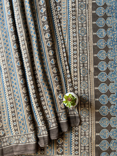 Ghungroo:Rustic Brown,Handblock Ajrakh Mulmul Cotton Saree