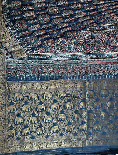 Jodha: HANDBLOCK AJRAKH DOLA SILK SAREE WITH MEENAKARI PALLU
