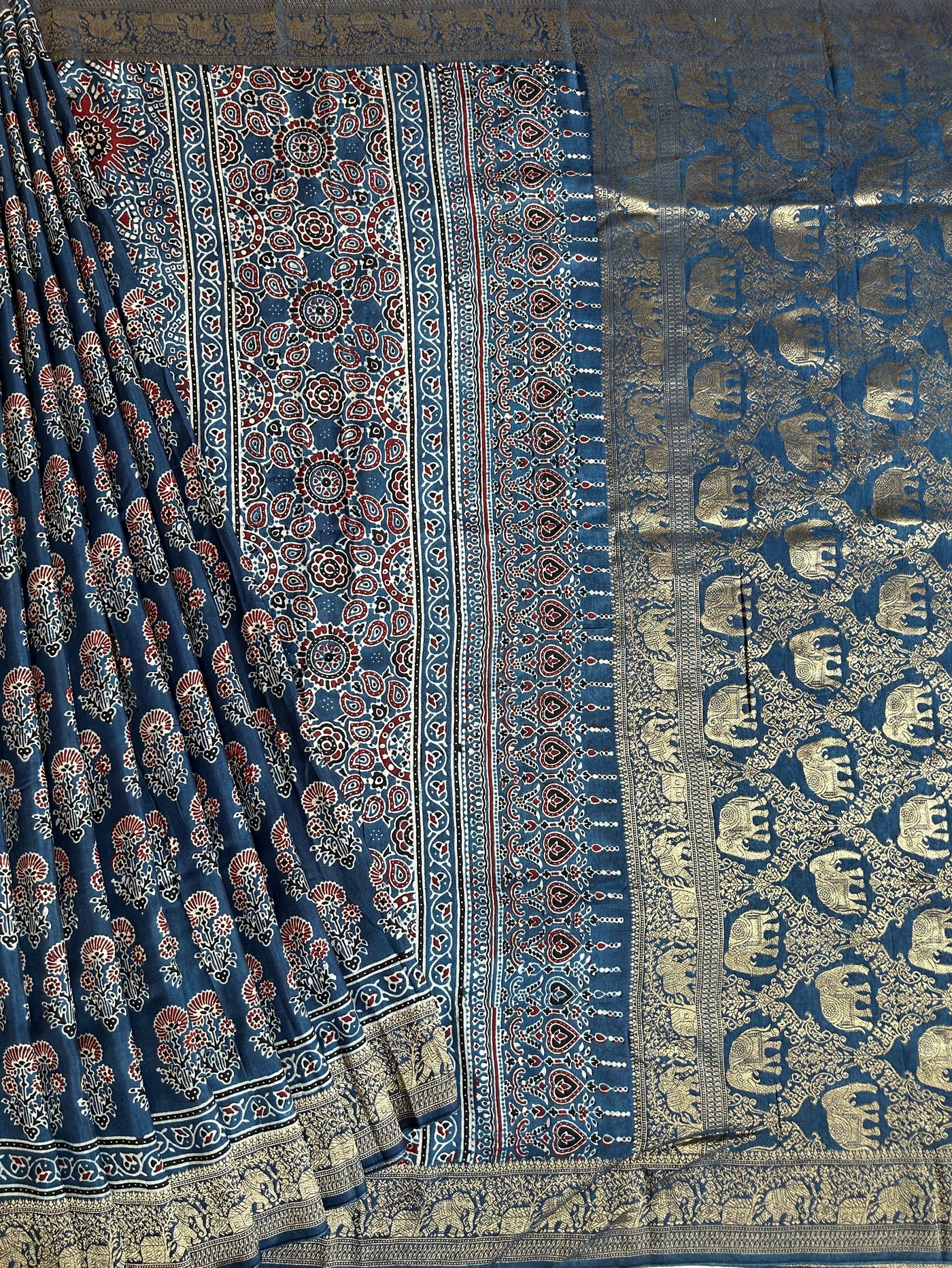 Jodha: HANDBLOCK AJRAKH DOLA SILK SAREE WITH MEENAKARI PALLU
