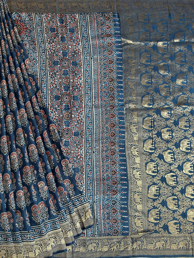 Jodha: HANDBLOCK AJRAKH DOLA SILK SAREE WITH MEENAKARI PALLU