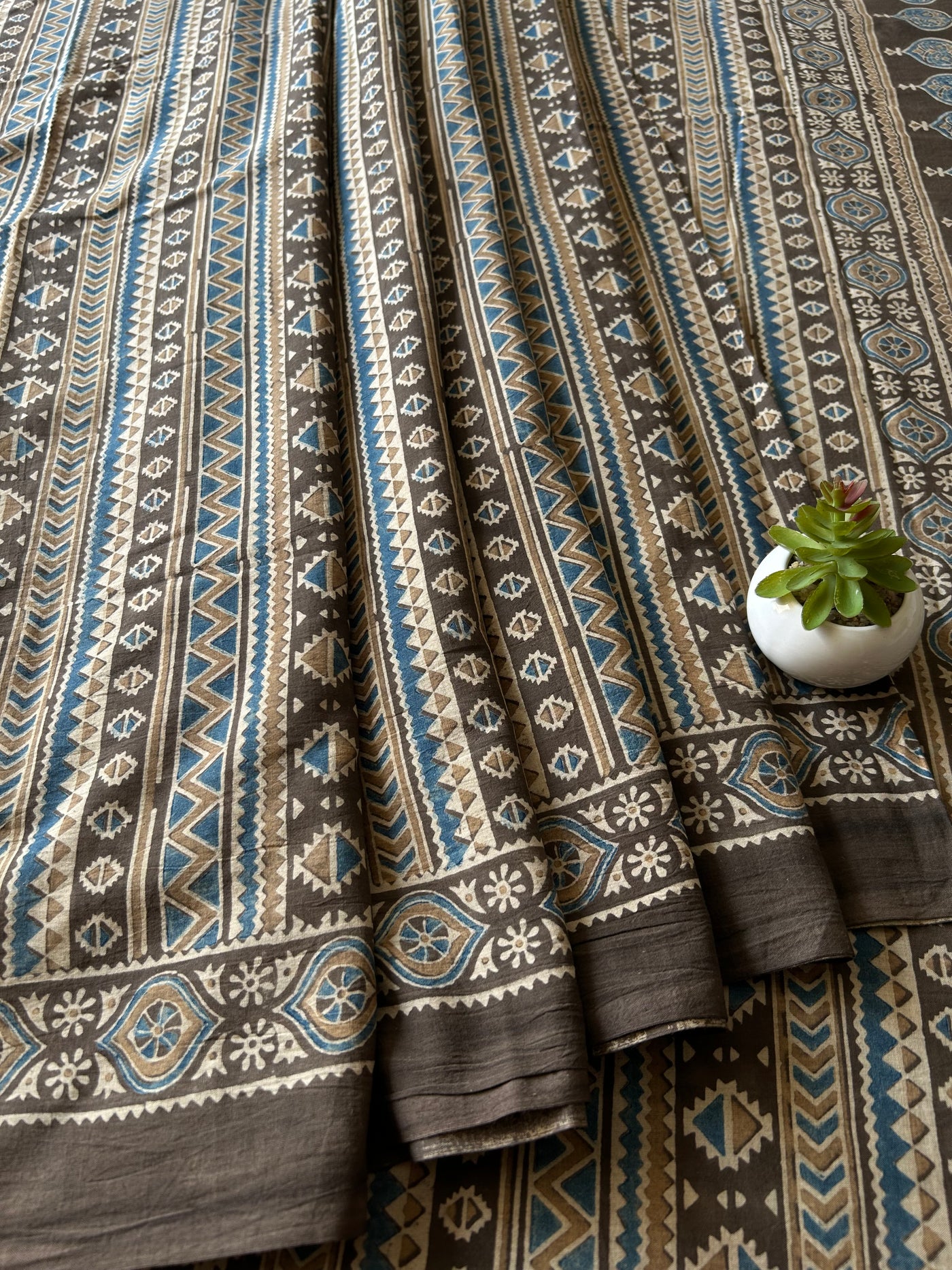 Ghungroo:Rustic Brown,Handblock Ajrakh Mulmul Cotton Saree