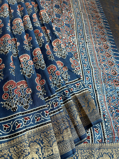 Jodha: HANDBLOCK AJRAKH DOLA SILK SAREE WITH MEENAKARI PALLU