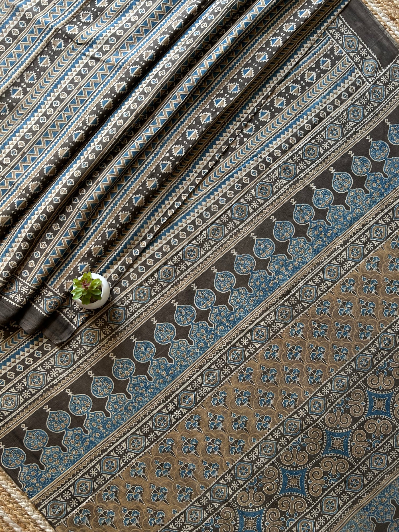 Ghungroo:Rustic Brown,Handblock Ajrakh Mulmul Cotton Saree