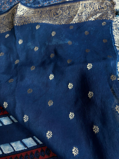 RIA: BLACK,HANDBLOCK AJRAKH DOLA SILK SAREE WITH MEENAKARI PALLU