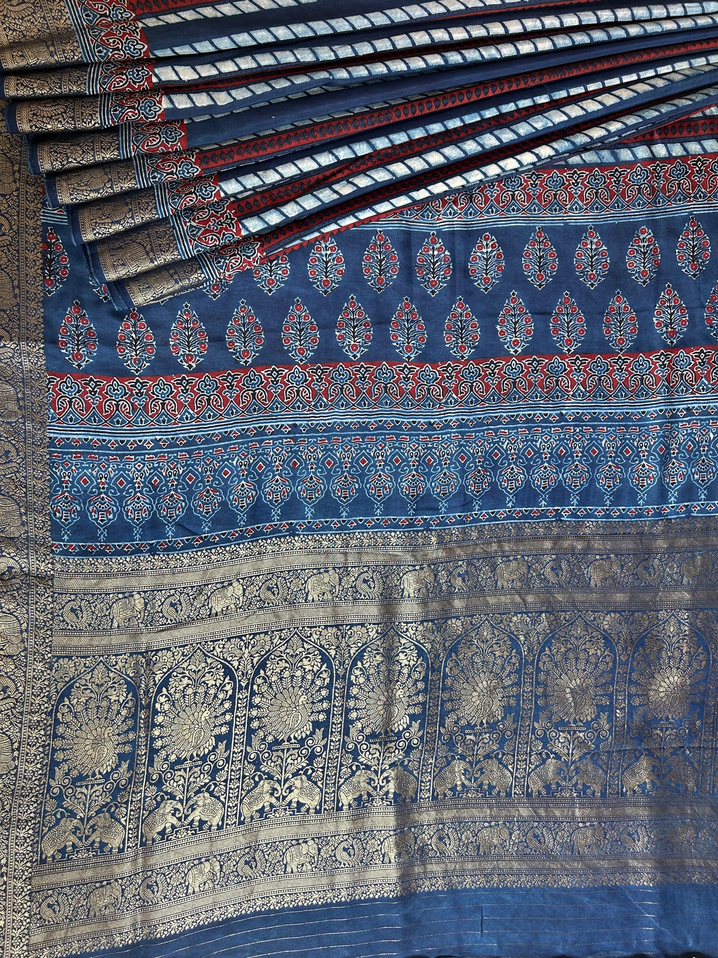 RIA: BLACK,HANDBLOCK AJRAKH DOLA SILK SAREE WITH MEENAKARI PALLU