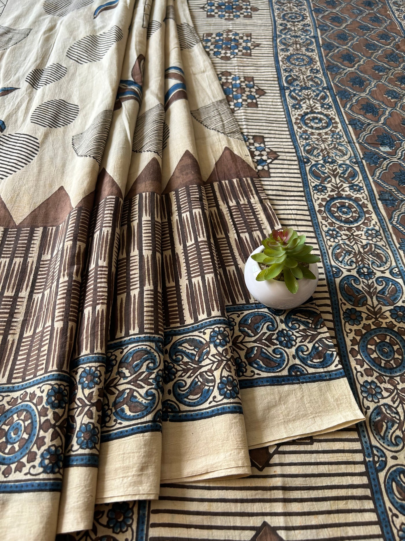 Kanchi: CREAM,Handblock Ajrakh Mulmul Cotton Saree