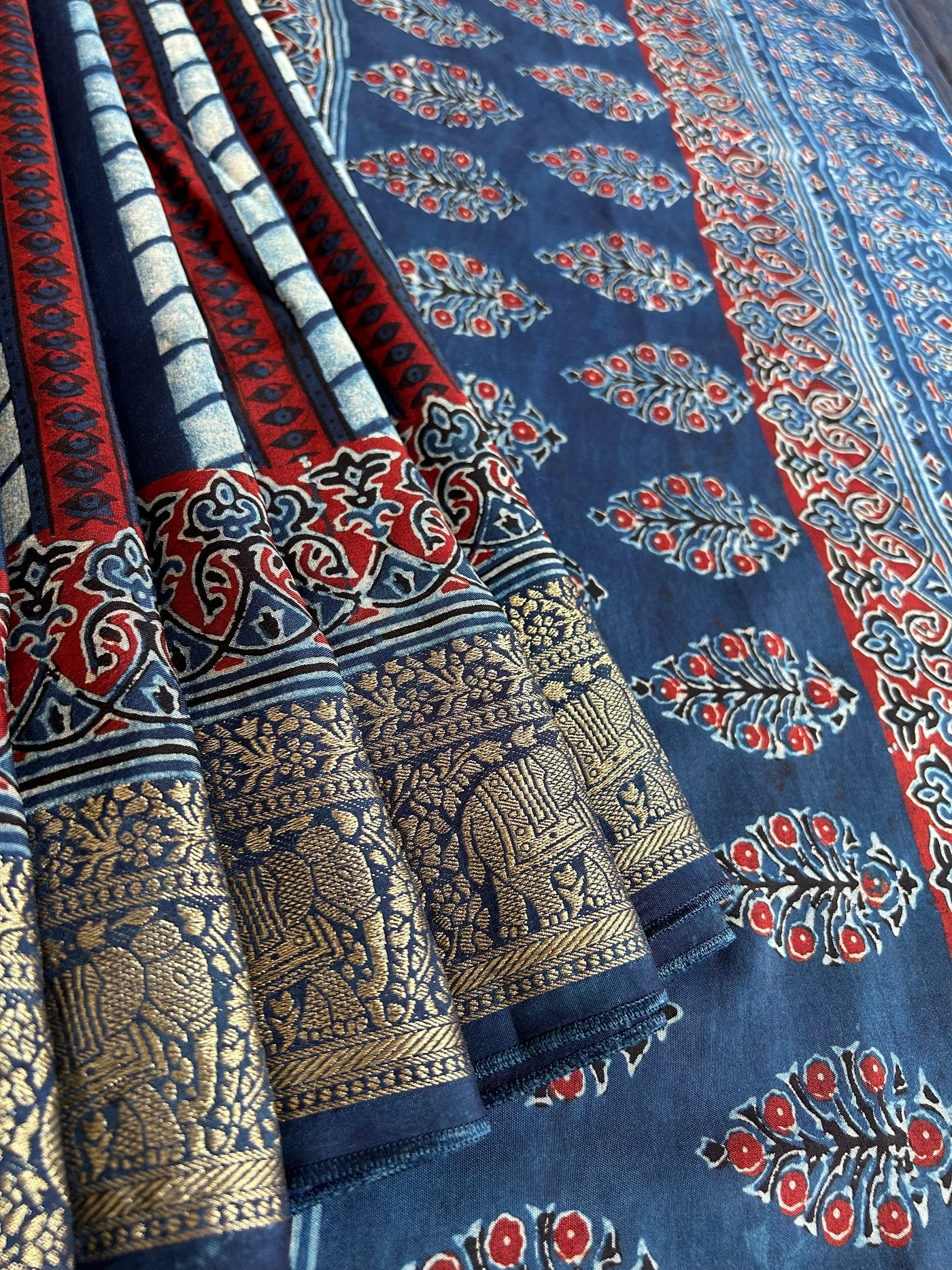 RIA: BLACK,HANDBLOCK AJRAKH DOLA SILK SAREE WITH MEENAKARI PALLU