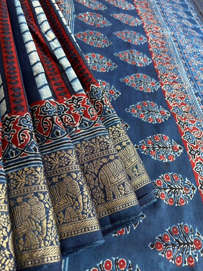RIA: BLACK,HANDBLOCK AJRAKH DOLA SILK SAREE WITH MEENAKARI PALLU