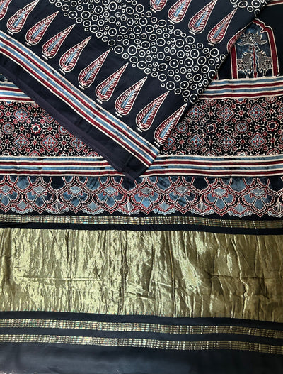 Ink Pot: Handmade LEHRIYA- AJRAKH Modal Silk Saree