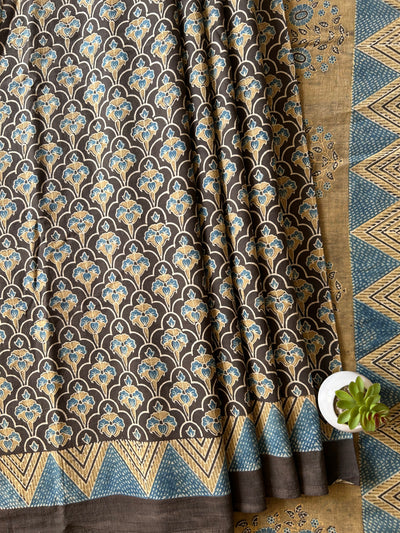 AARNA: RUSTIC BROWN,Handblock Ajrakh Mulmul Cotton Saree