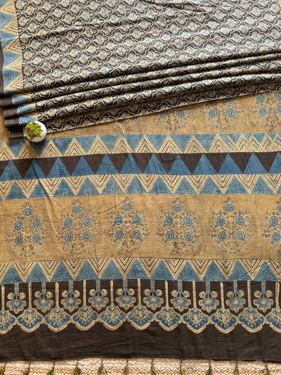 AARNA: RUSTIC BROWN,Handblock Ajrakh Mulmul Cotton Saree