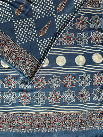 Indra:INDIGO, HANDBLOCK AJRAKH MODAL SILK SAREE