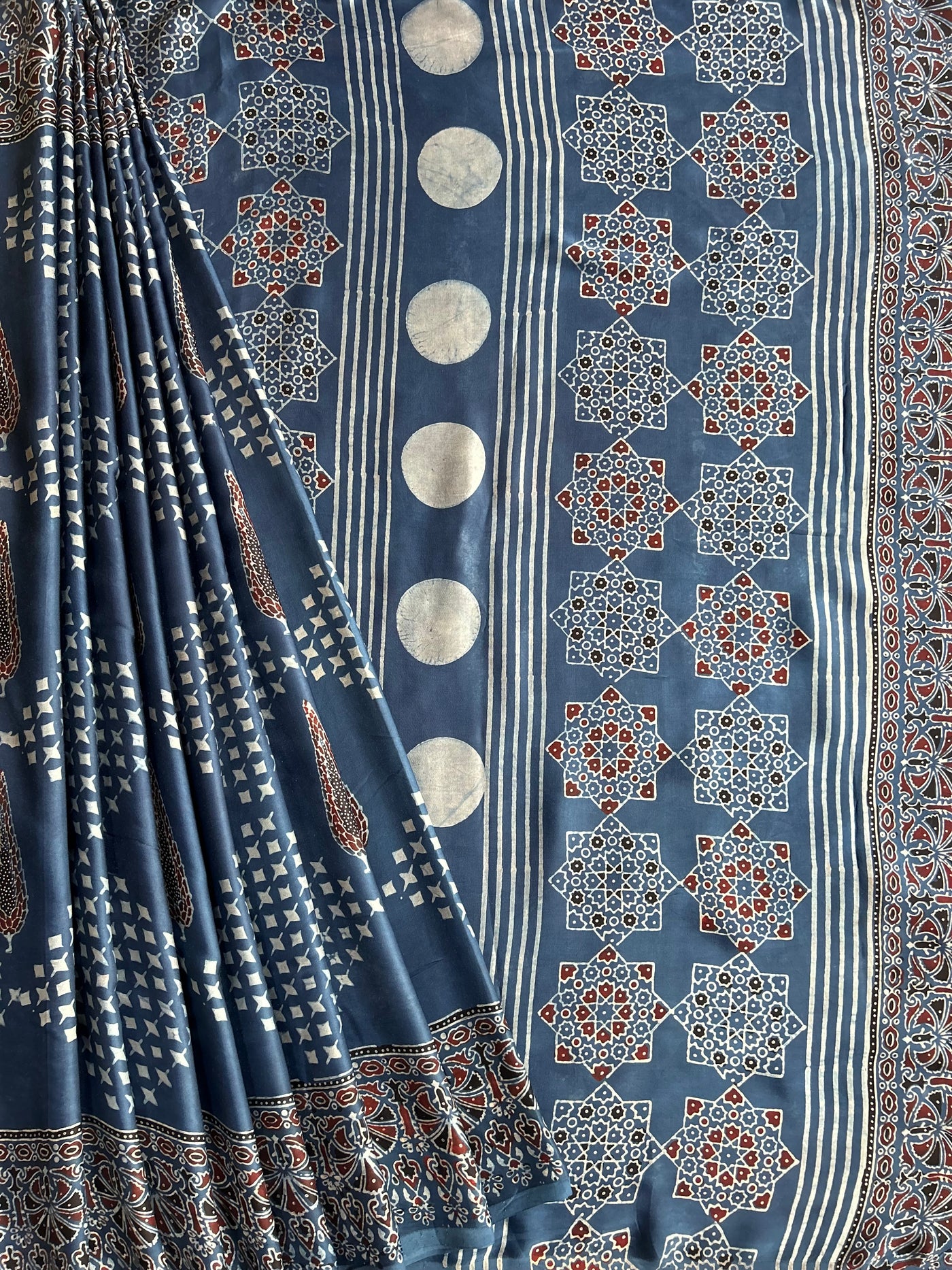 Indra:INDIGO, HANDBLOCK AJRAKH MODAL SILK SAREE