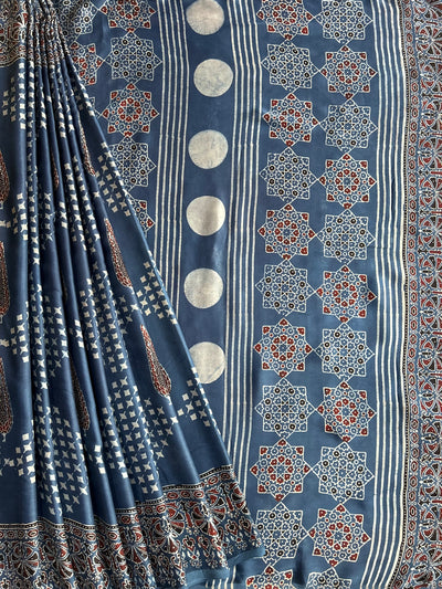 Indra:INDIGO, HANDBLOCK AJRAKH MODAL SILK SAREE