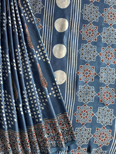 Indra:INDIGO, HANDBLOCK AJRAKH MODAL SILK SAREE