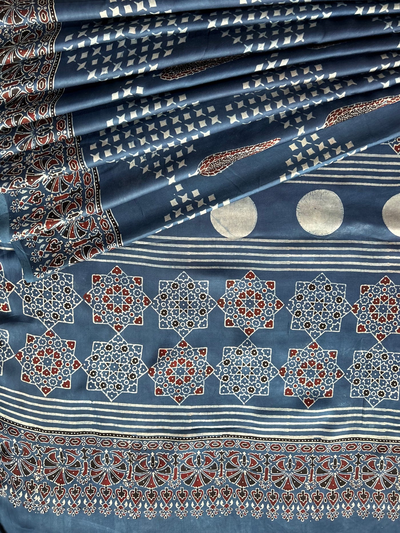 Indra:INDIGO, HANDBLOCK AJRAKH MODAL SILK SAREE